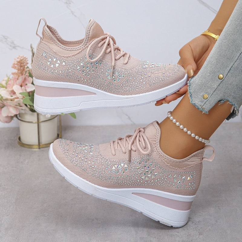 Women's rhinestone embellished lace-up wedge sneakers