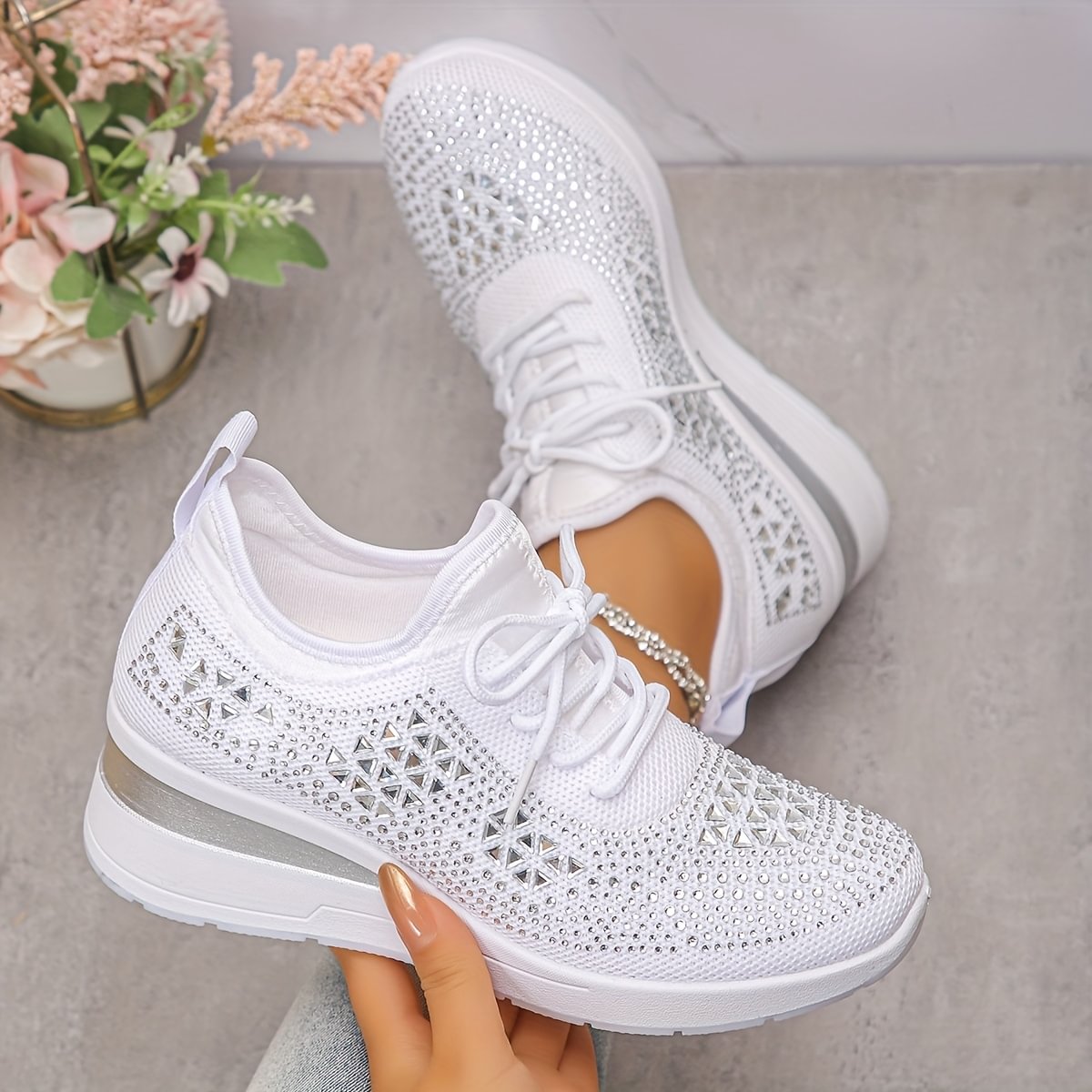 Women's rhinestone embellished lace-up wedge sneakers
