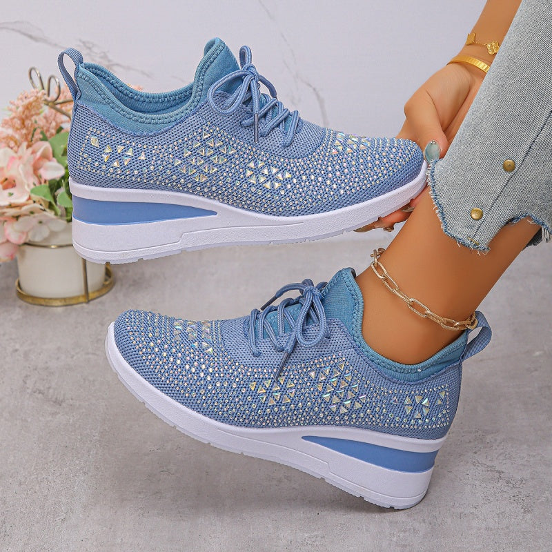 Women's rhinestone embellished lace-up wedge sneakers