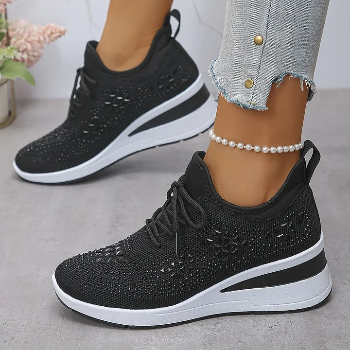 Women's rhinestone embellished lace-up wedge sneakers