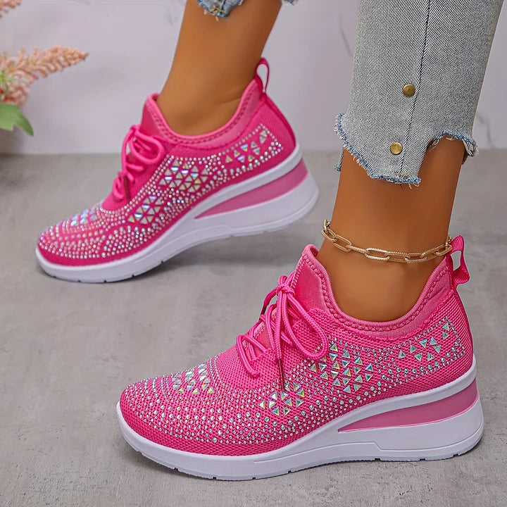 Women's rhinestone embellished lace-up wedge sneakers
