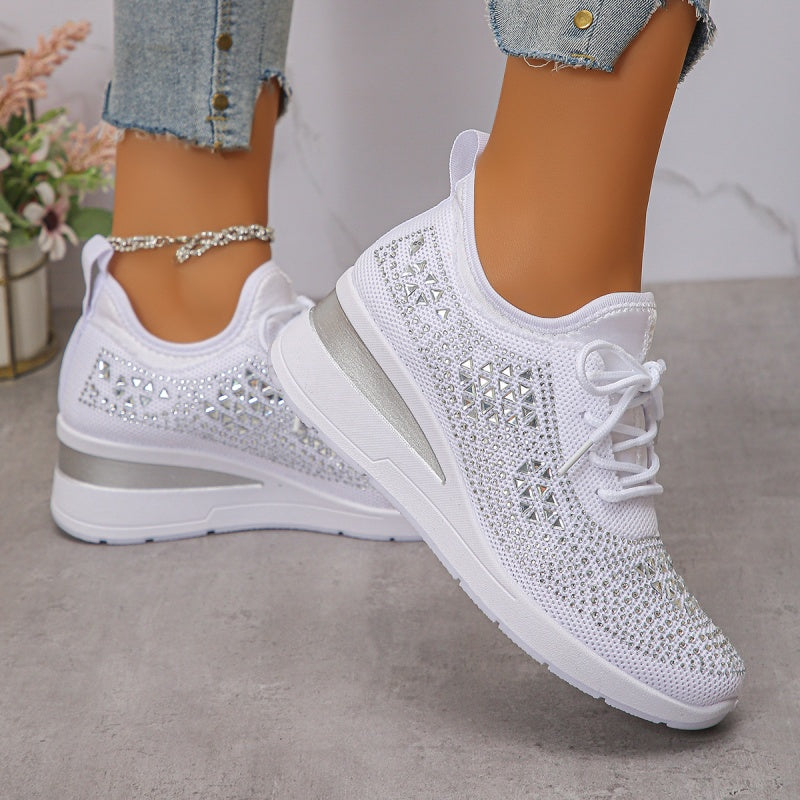 Women's rhinestone embellished lace-up wedge sneakers