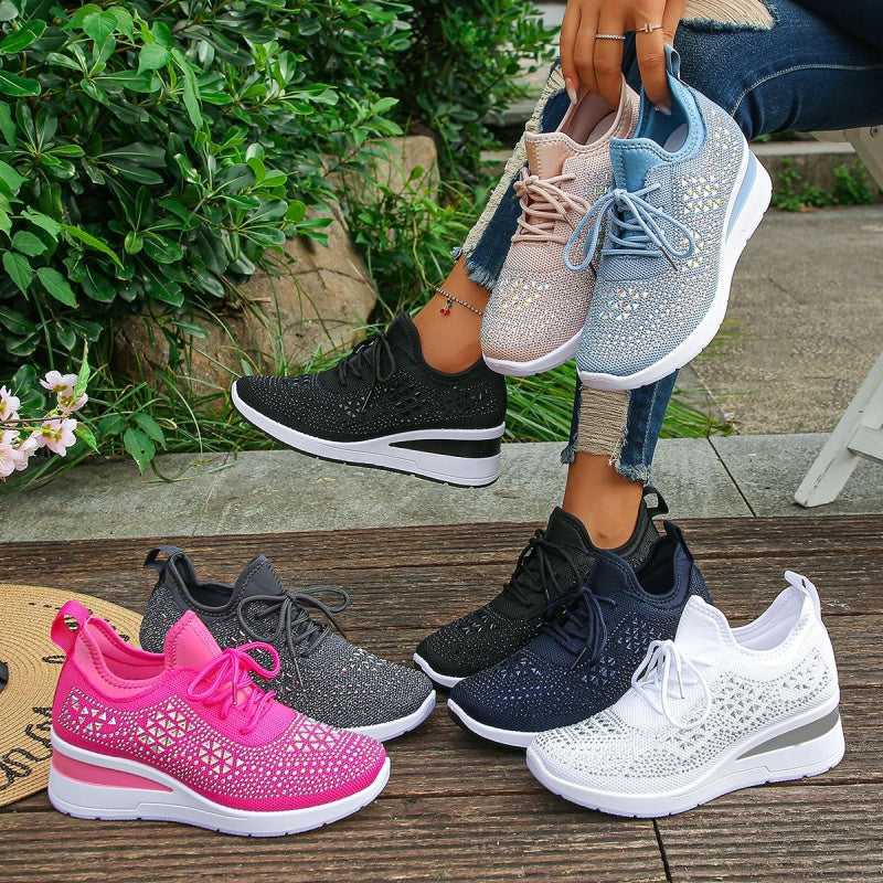 Women's rhinestone embellished lace-up wedge sneakers