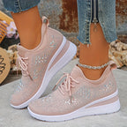 Women's rhinestone embellished lace-up wedge sneakers