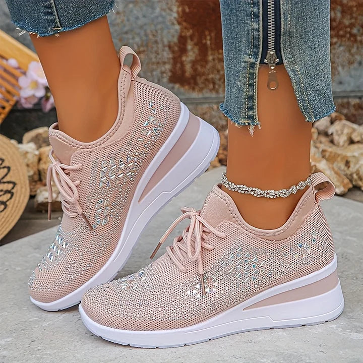 Women's rhinestone embellished lace-up wedge sneakers