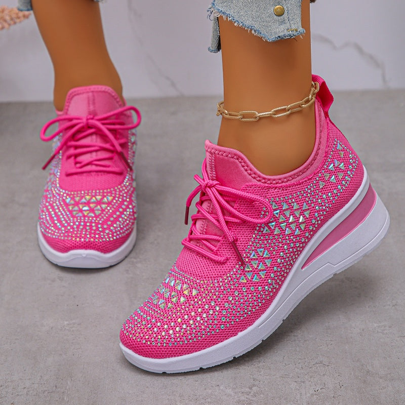 Women's rhinestone embellished lace-up wedge sneakers