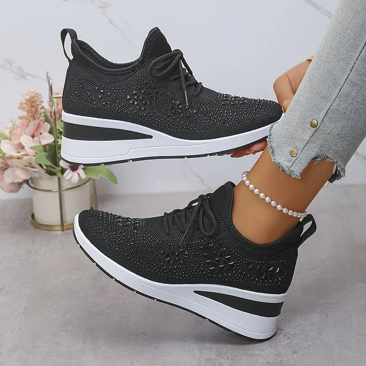 Women's rhinestone embellished lace-up wedge sneakers