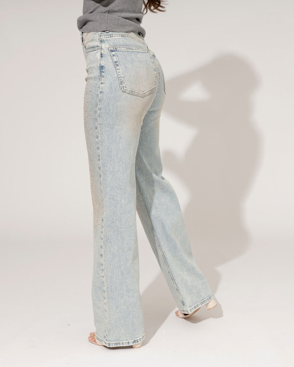 Women's rhinestone embellished straight wide-leg jeans