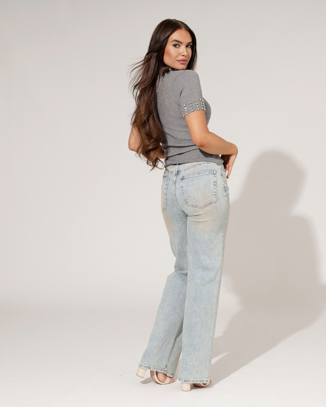 Women's rhinestone embellished straight wide-leg jeans
