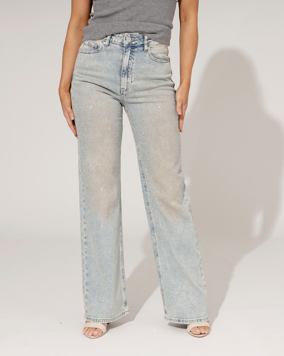 Women's rhinestone embellished straight wide-leg jeans
