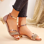 Women's rhinestone toe strap sandals with low block heel