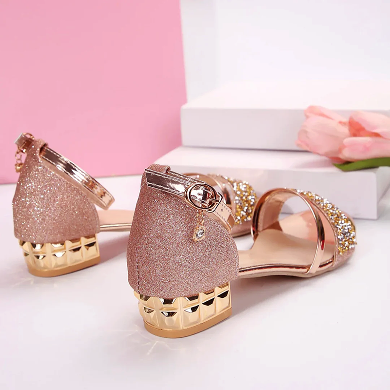 Women's rhinestone toe strap sandals with low block heel