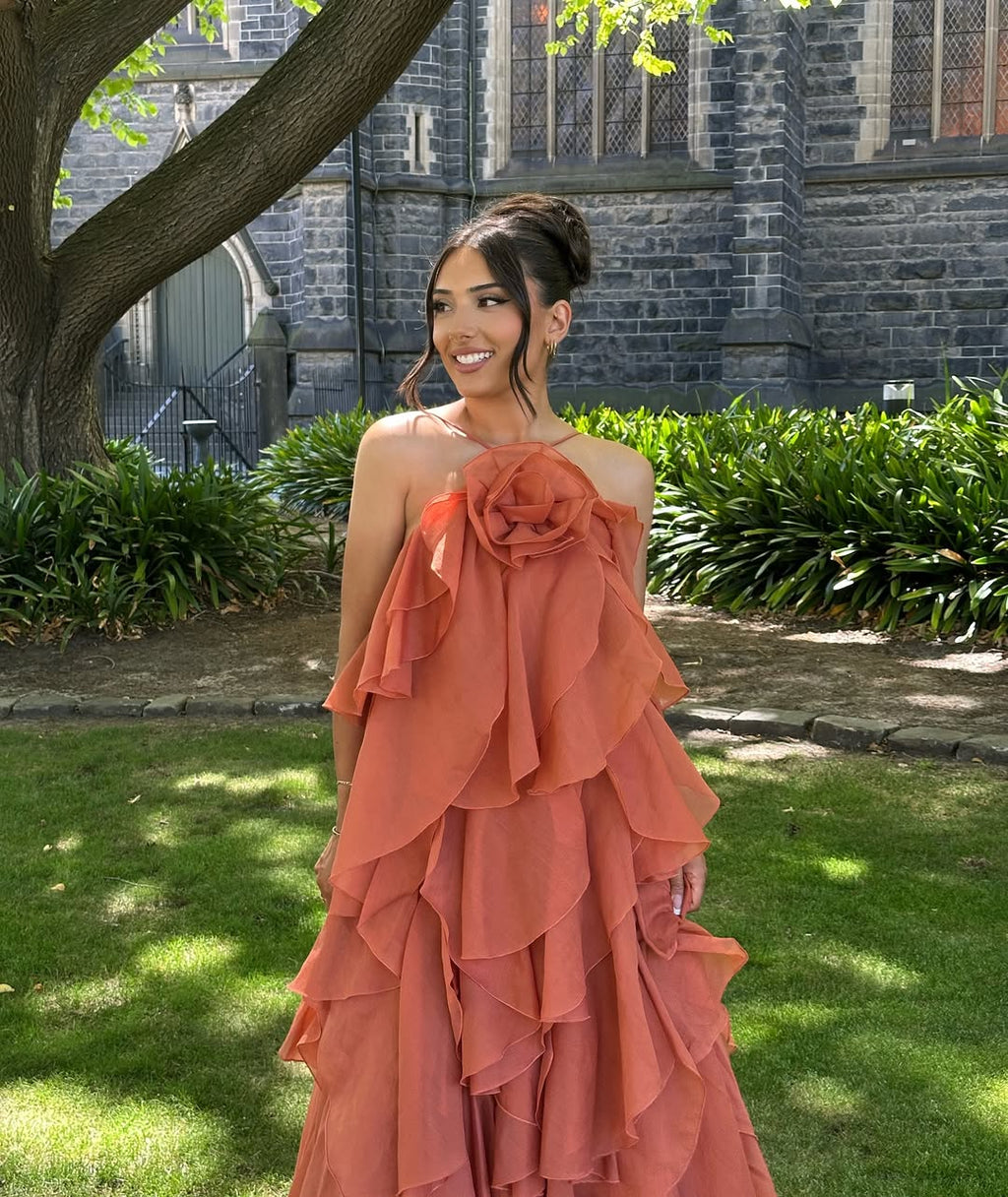 Women's rosette detail tiered ruffle maxi formal dress
