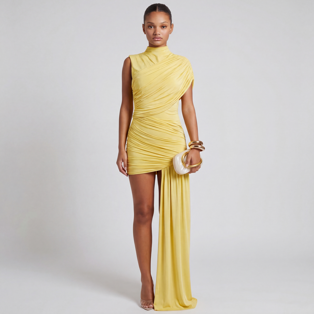 Women's ruched mini cocktail dress with asymmetric train