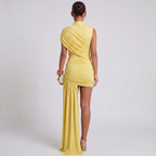 Women's ruched mini cocktail dress with asymmetric train
