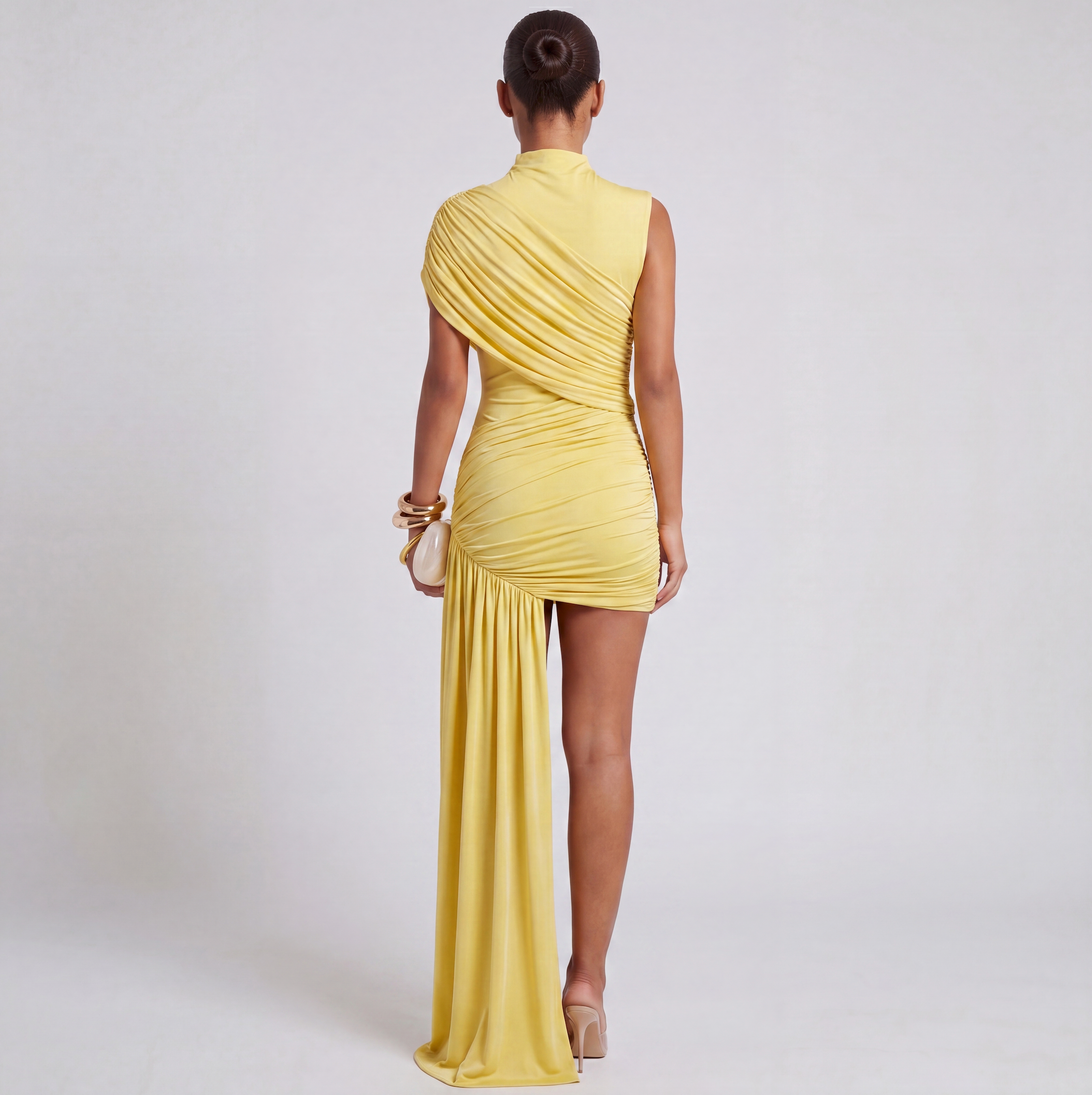 Women's ruched mini cocktail dress with asymmetric train