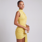 Women's ruched mini cocktail dress with asymmetric train