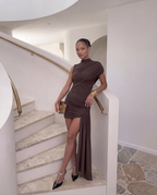 Women's ruched mini cocktail dress with asymmetric train