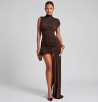 Women's ruched mini cocktail dress with asymmetric train