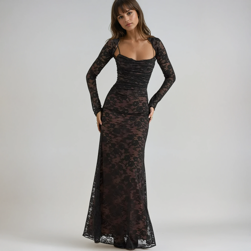 Women's ruched lace maxi wedding guest dress