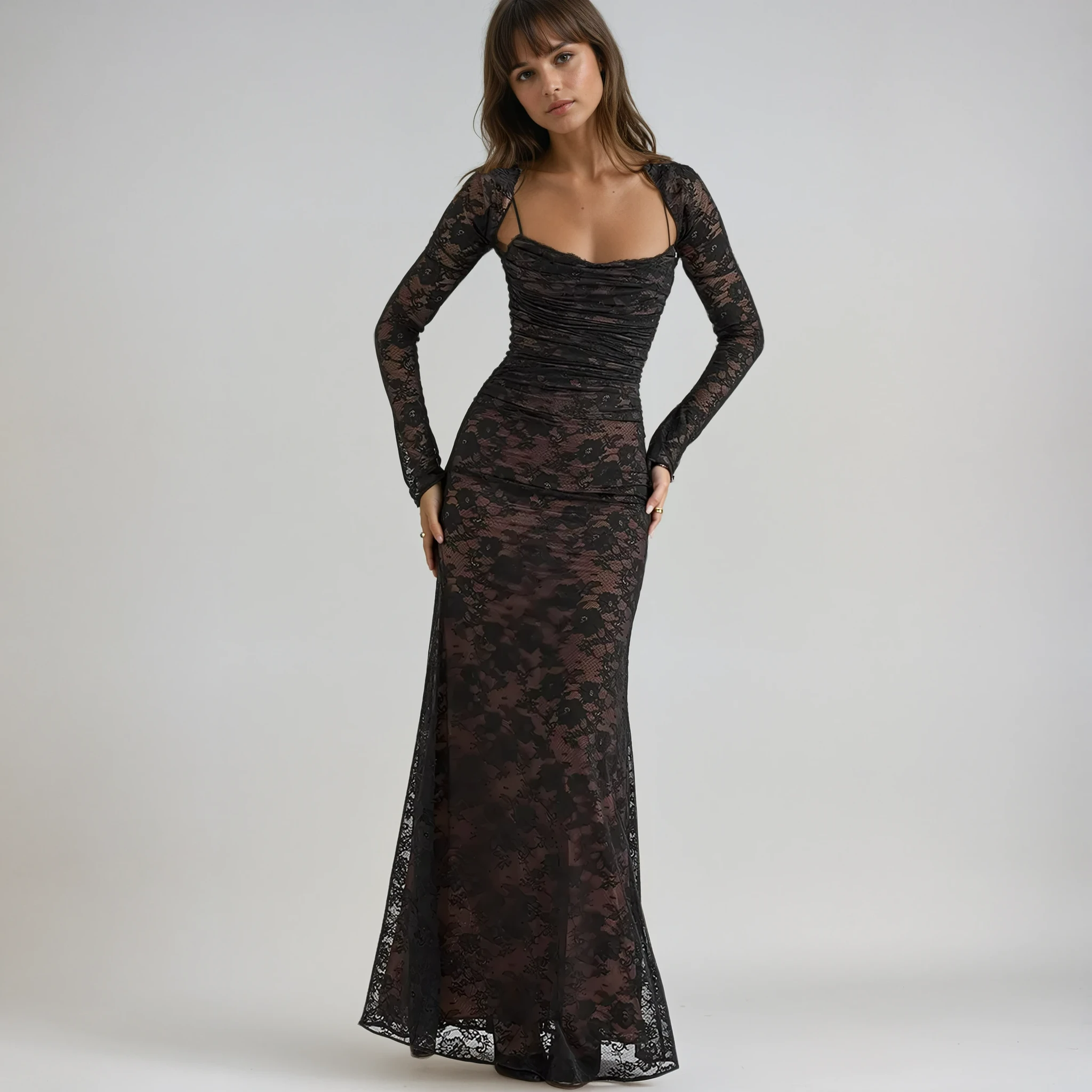 Women's ruched lace maxi wedding guest dress