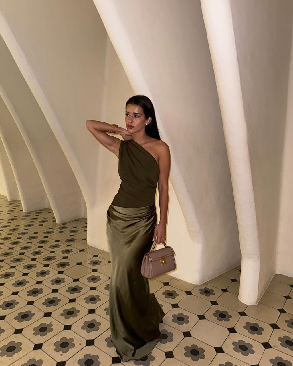 Women's ruched one shoulder maxi wedding guest dress