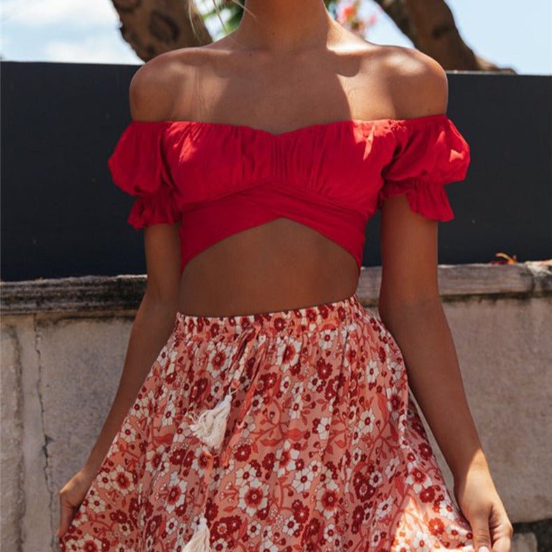 Women's ruched puff sleeve open-back crop top