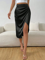 Women's ruched satin midi skirt with front split