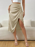 Women's ruched satin midi skirt with front split