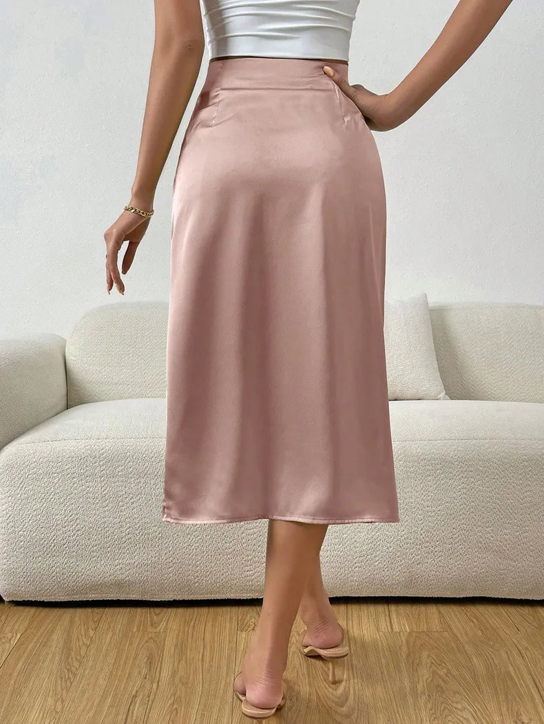 Women's ruched satin midi skirt with front split