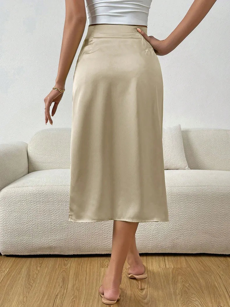 Women's ruched satin midi skirt with front split