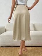 Women's ruched satin midi skirt with front split