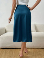 Women's ruched satin midi skirt with front split