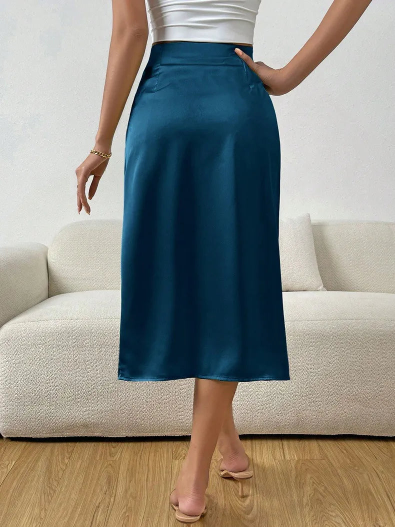 Women's ruched satin midi skirt with front split