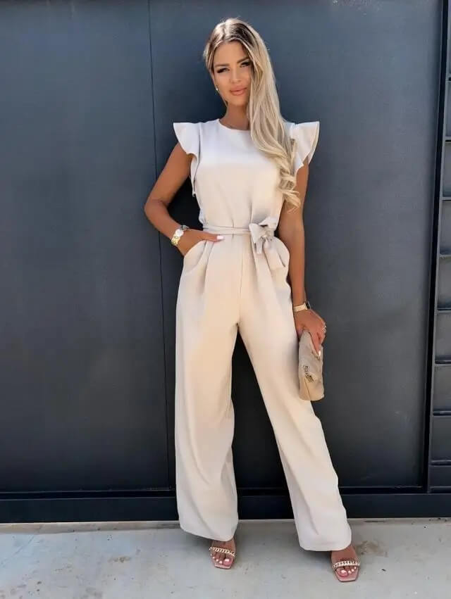 Women's ruffle cap sleeve jumpsuit with tie waist