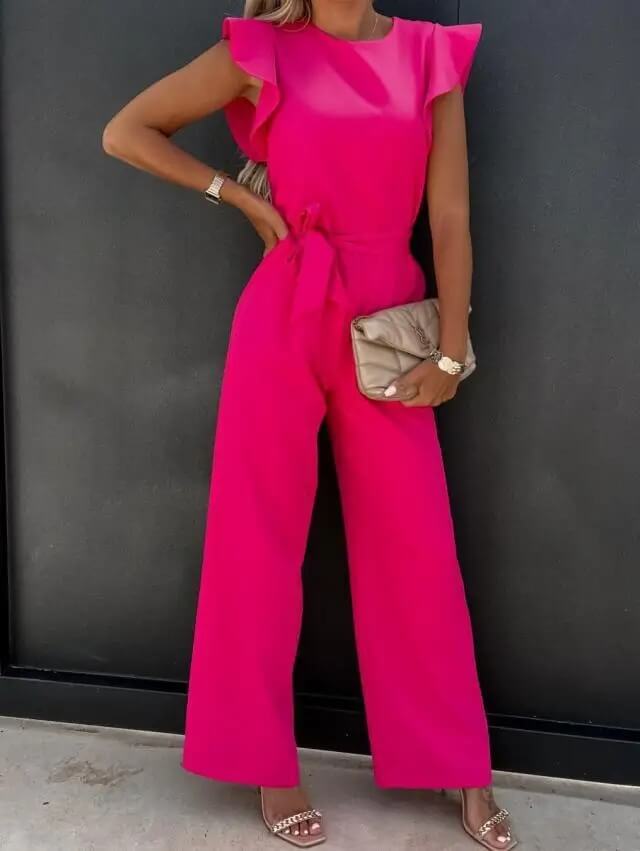 Women's ruffle cap sleeve jumpsuit with tie waist