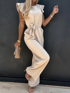 Women's ruffle cap sleeve jumpsuit with tie waist