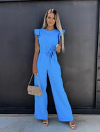 Women's ruffle cap sleeve jumpsuit with tie waist