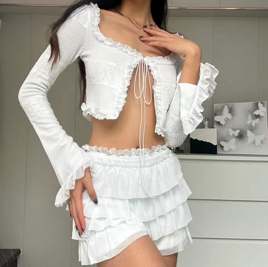 Women's ruffle crop top and mini skirt summer set
