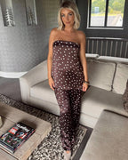 Women's satin bandeau top and wide-leg trousers two-piece set