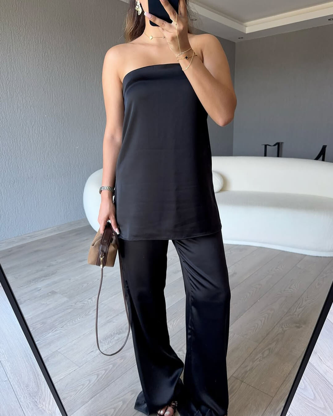 Women's satin bandeau top and wide-leg trousers two-piece set