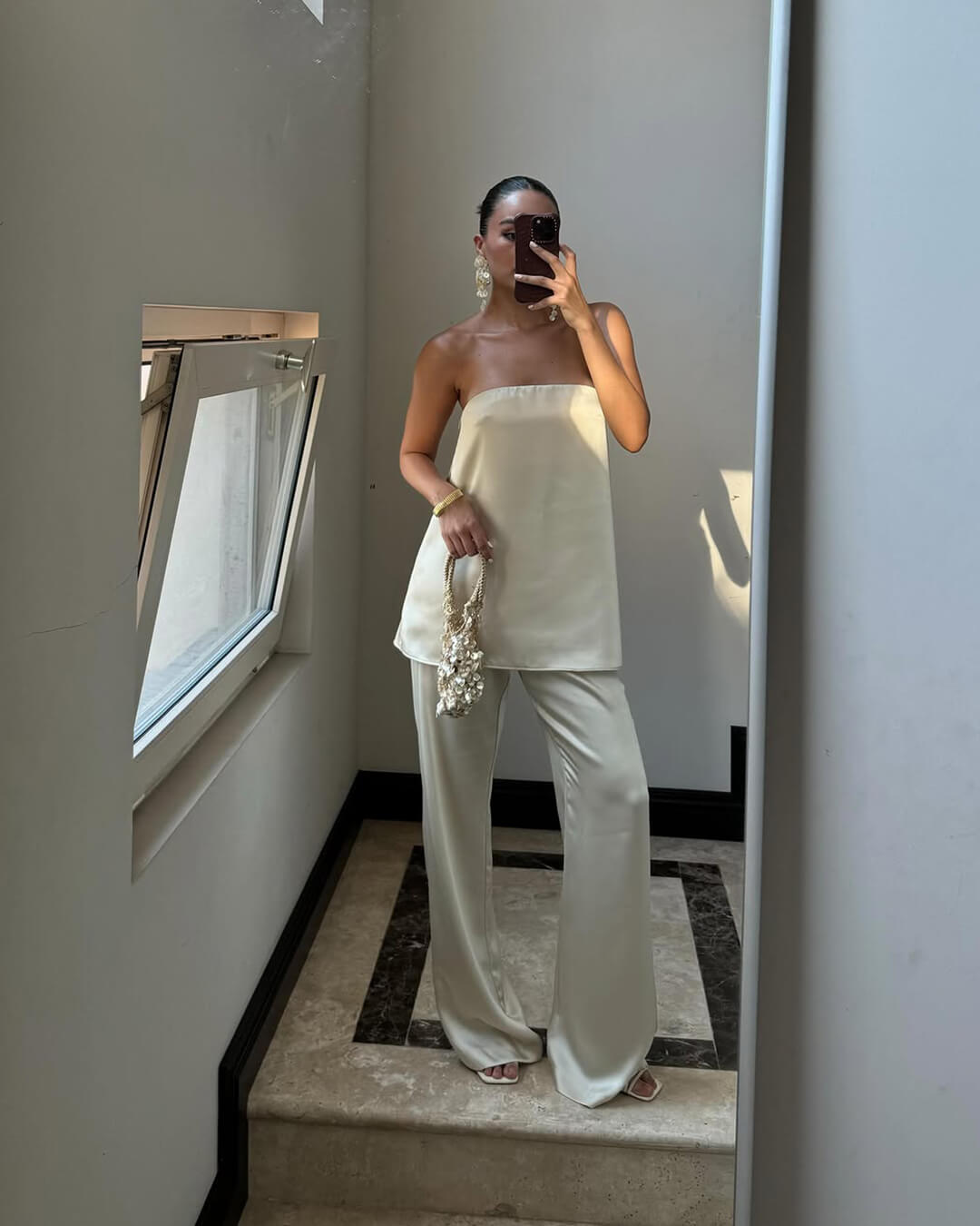 Women's satin bandeau top and wide-leg trousers two-piece set