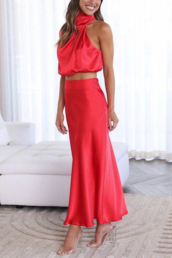 Women's satin draped halter crop top and maxi skirt two-piece set