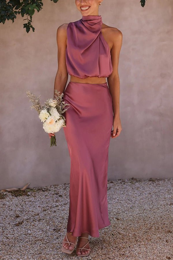 Women's satin draped halter crop top and maxi skirt two-piece set