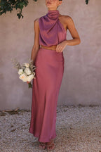 Women's satin draped halter crop top and maxi skirt two-piece set