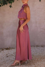 Women's satin draped halter crop top and maxi skirt two-piece set