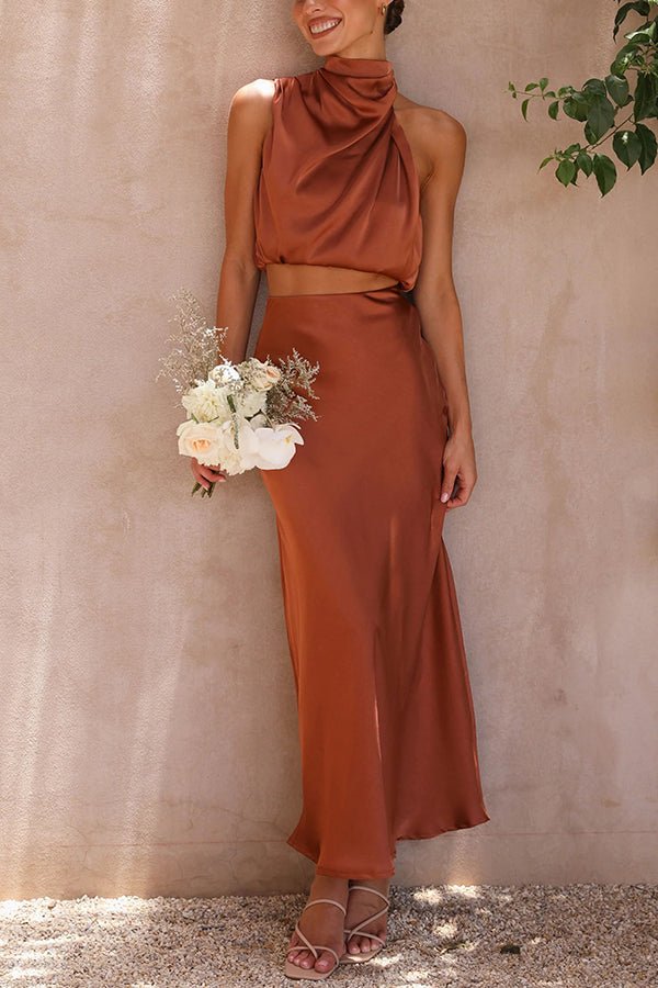 Women's satin draped halter crop top and maxi skirt two-piece set