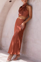 Women's satin draped halter crop top and maxi skirt two-piece set
