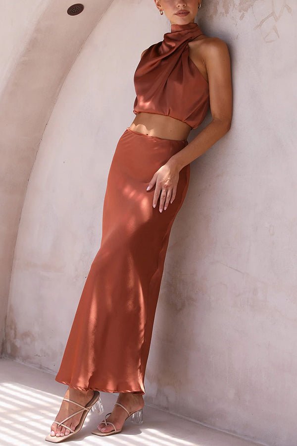 Women's satin draped halter crop top and maxi skirt two-piece set