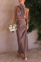Women's satin draped halter crop top and maxi skirt two-piece set